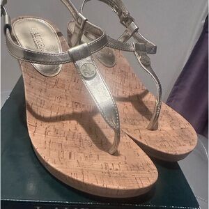 LRL Ralph Lauren Womens Reeta Sandal Size 11 Gold Thong Wedge Cork Heel Shoe
